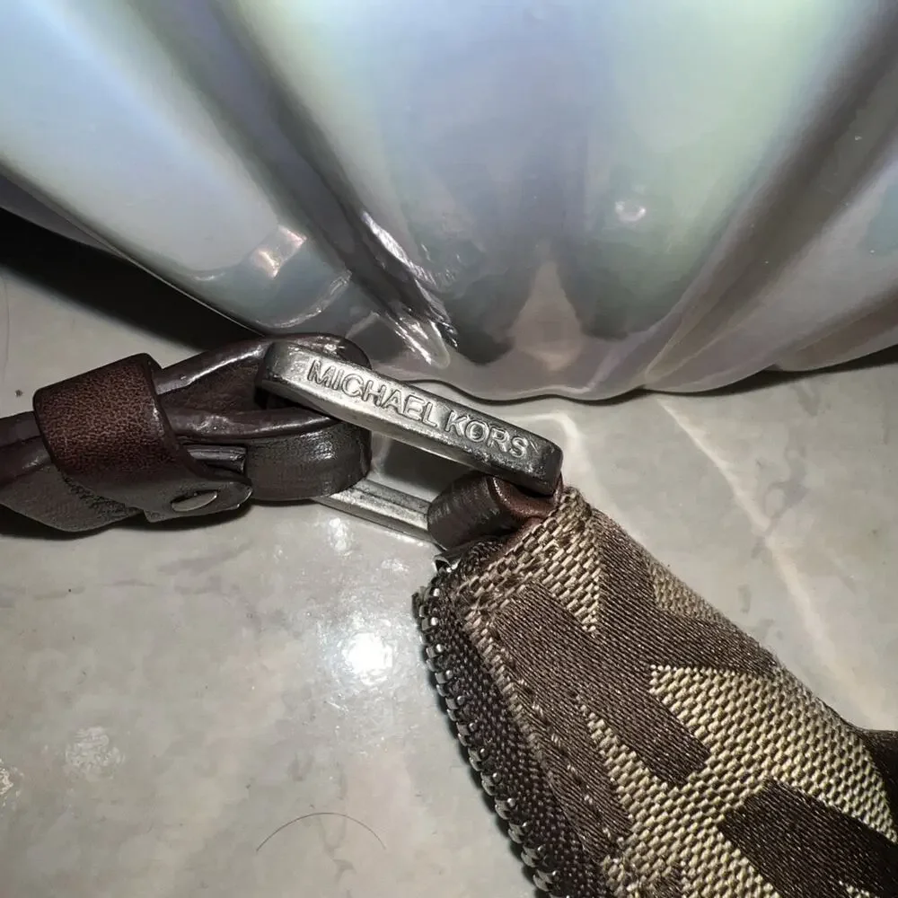 Michael Kors Vintage Khaki Signature Jacquard Hobo Cognac Leather Shoulder Bag